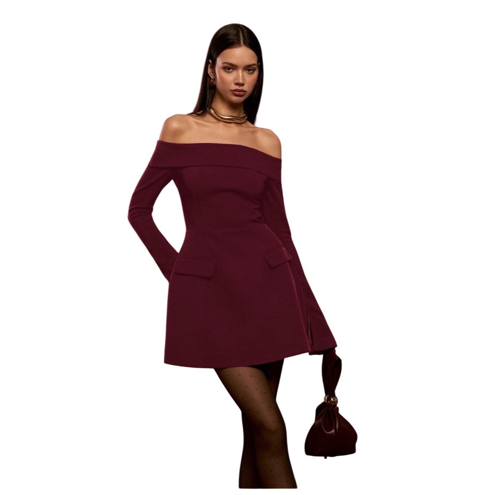 Commense Mini Dress Women S Burgundy Off-The-Shoulder Long Sleeve Split Cuff New